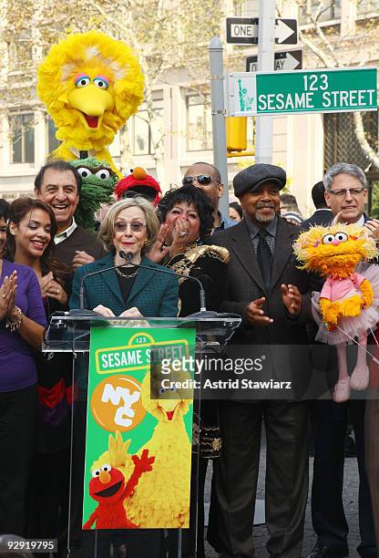 Sesame Street founder and TV producer Joan Ganz Cooney along with with the cast of Sesame Street announces the "Sesame Street" 40th anniversary...