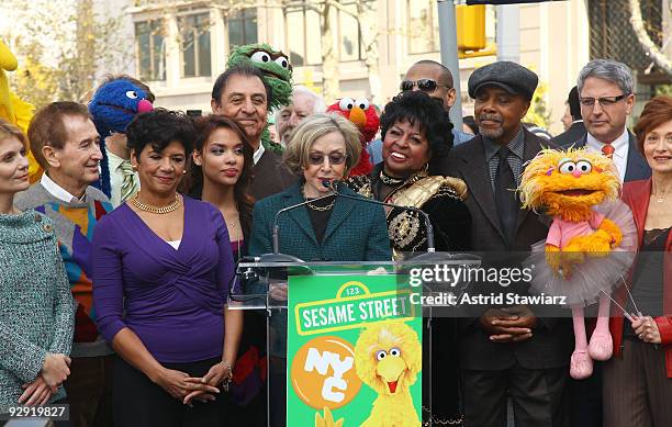 Sesame Street founder and TV producer Joan Ganz Cooney along with with the cast of Sesame Street announce the "Sesame Street" 40th anniversary...