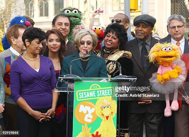 Sesame Street founder and TV producer Joan Ganz Cooney along with with the cast of Sesame Street announce the "Sesame Street" 40th anniversary...