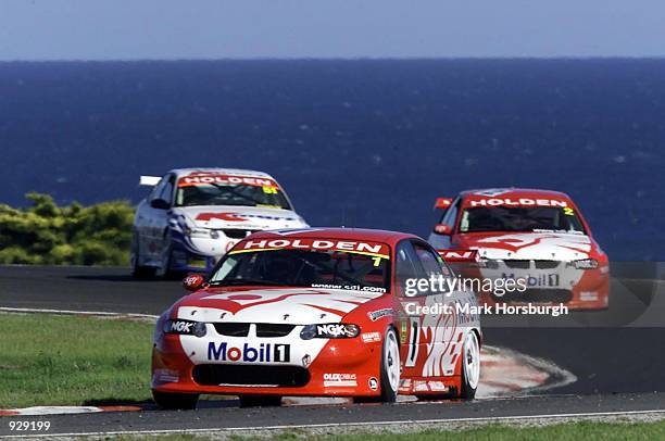 Mark Skaife of the Holden Racing Team leads the field during race two of Round One of the Shell Championship Series, at the Phillip Island Circuit,...