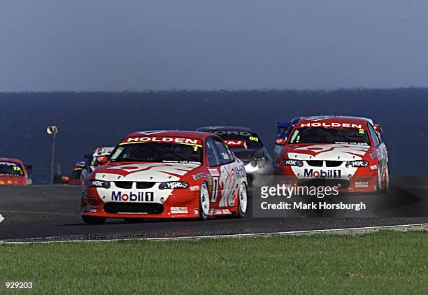 Mark Skaife of the Holden Racing Team leads the field during race two of Round One of the Shell Championship Series, at the Phillip Island Circuit,...