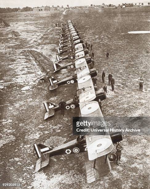 British bombing squadron drawn up at St. Omer, France during World War I. From The Story of 25 Eventful Years in Pictures, published 1935.