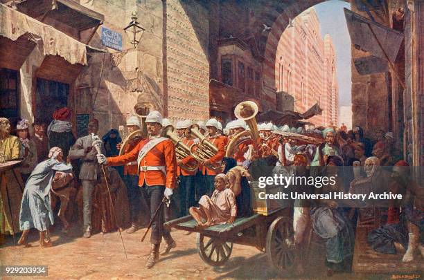 Friendly power in Egypt, after the painting by W.C. Horsley. The 41st Welsh regiment marching through the Metwali gate in Cairo, Egypt in the 19th...