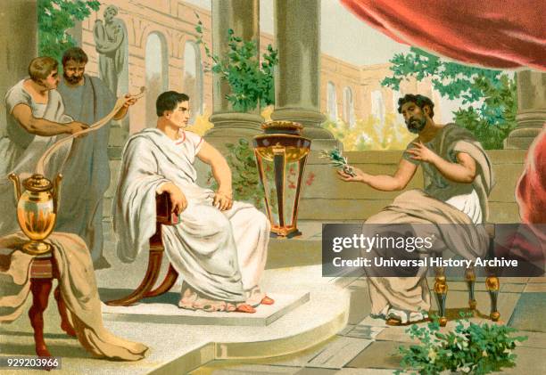 Meeting between Vespasian, left and Pliny the Elder, right, in ancient Rome. Vespasian, AD 9 – AD 79. Roman emperor. Gaius Plinius Secundus, AD 23 –...