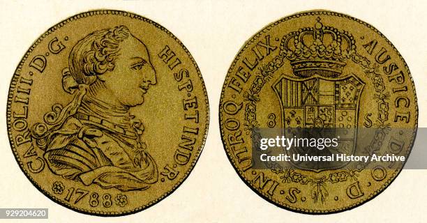 Spanish gold 8-doubloon coin, or piece of eight, showing the head of the Spanish king Charles III, 1716 – 1788. From Enciclopedia Ilustrada Segui,...