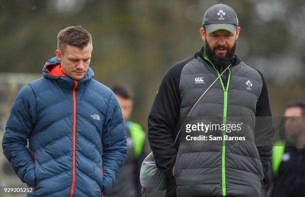 Kildare , Ireland - 8 March 2018; Defence coach Andy Farrell, right arrives with Ulster assistant coach Dwayne Peel Ireland rugby squad training at...