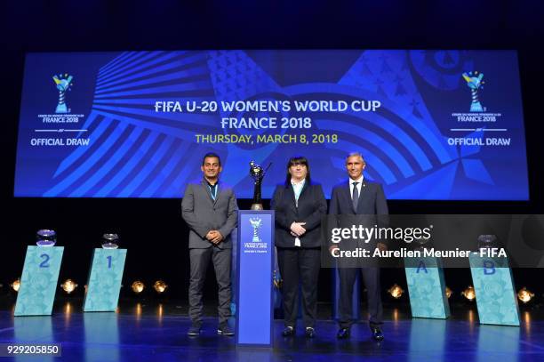 Mexico Coach Mario Dominguez, England Head Coach Mo Marley and Brazil Head Coach Dorival Bueno pose with the Trophy during the official draw for the...