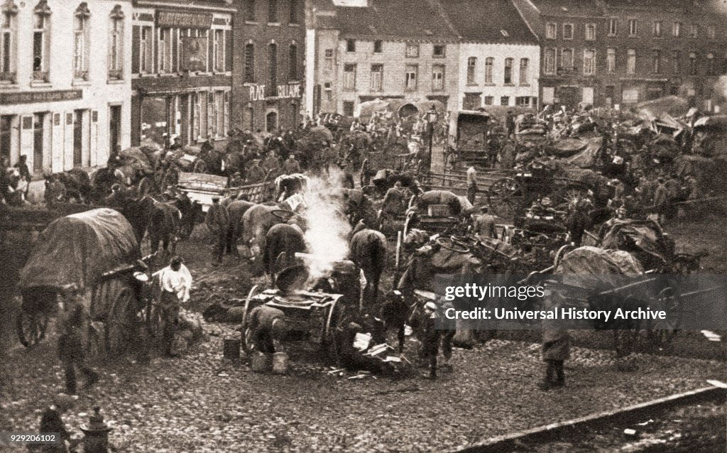 A broken German army stop for food and re-organisation on their retreat through Belgium at the end of World War One