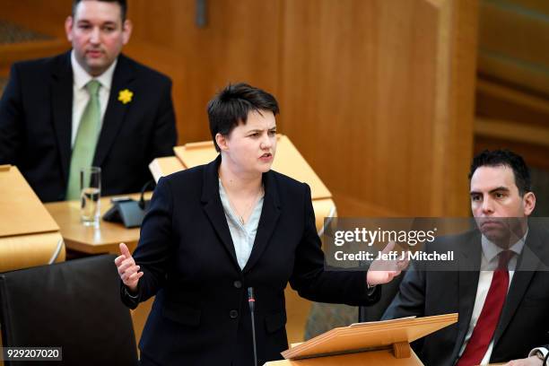 Leader of the Scottish Conservatives Ruth Davidson reacts during during first minister's questions in the Scottish Parliament on March 8, 2018 in...