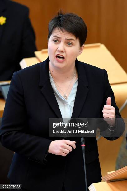 Leader of the Scottish Conservatives Ruth Davidson reacts during during first minister's questions in the Scottish Parliament on March 8, 2018 in...