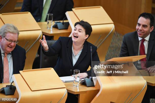 Leader of the Scottish Conservatives Ruth Davidson reacts during during first minister's questions in the Scottish Parliament on March 8, 2018 in...
