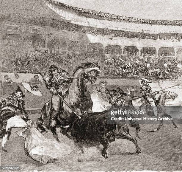 Bullfight in Seville, Spain in the 19th century. From The Century Illustrated Monthly Magazine, published 1884.