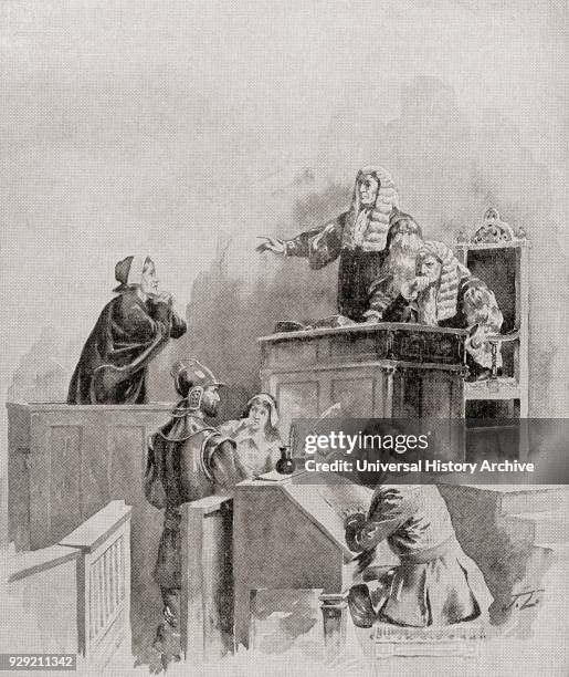 Scene in the courtroom during The Salem witch trials of 1692. From The History of Our Country, published 1899