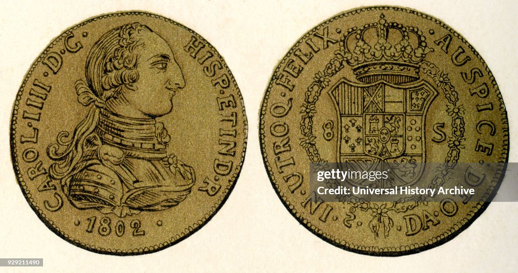 An 1802 Spanish gold 8-doubloon coin, or piece of eight, showing the head of the Spanish king Charles IV, 1748 – 1819