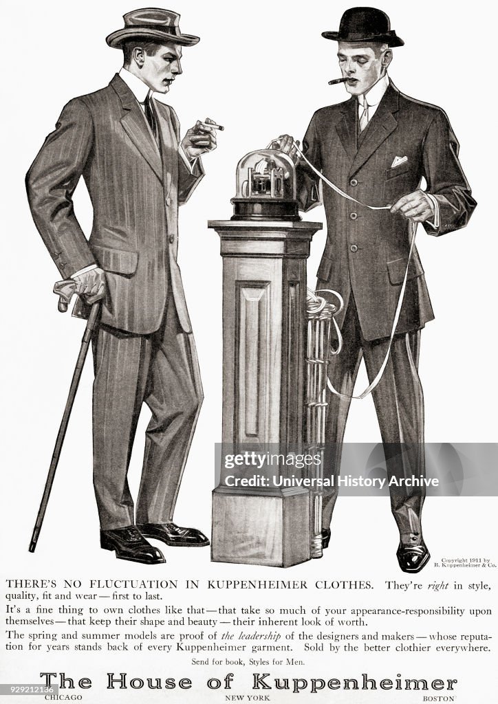 Advertisement for The House of Kuppenheimer Clothing depicting two smartly dressed businessmen at a ticker tape machine