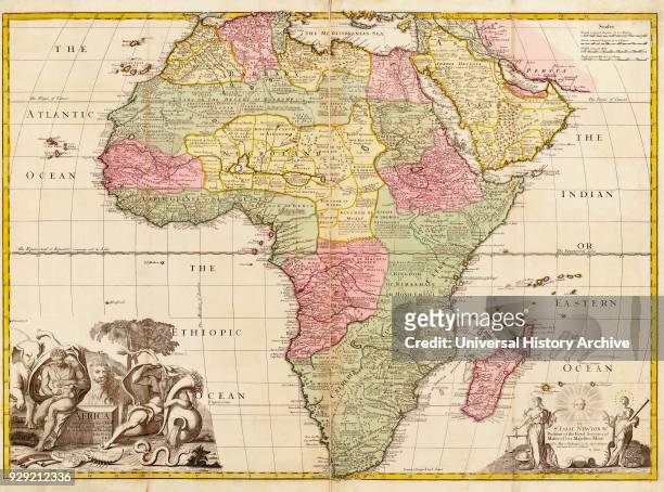 Africa circa 1725 from Modern Geography. Drawn and engraved by John Senex. The map shows boundaries of kingdoms and tribal areas on the continent as...