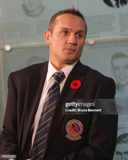 Steve Yzerman speaks with the media at the Hockey Hall of Fame Induction Photo Opportunity at the Hockey Hall of Fame on November 9, 2009 in Toronto,...