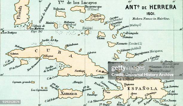 Antonio de Herrera y Tordesillas map of the Bahamas, 1601. From the book Life of Christopher Columbus by Clements R. Markham published 1892.