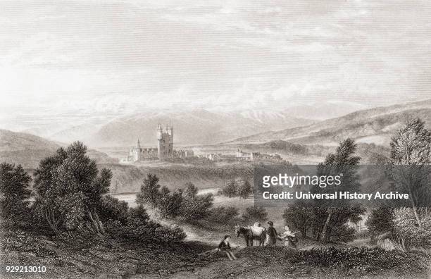 Balmoral Castle, Royal Deeside, Aberdeenshire, Scotland, in the 19th century. After a 19th century print.