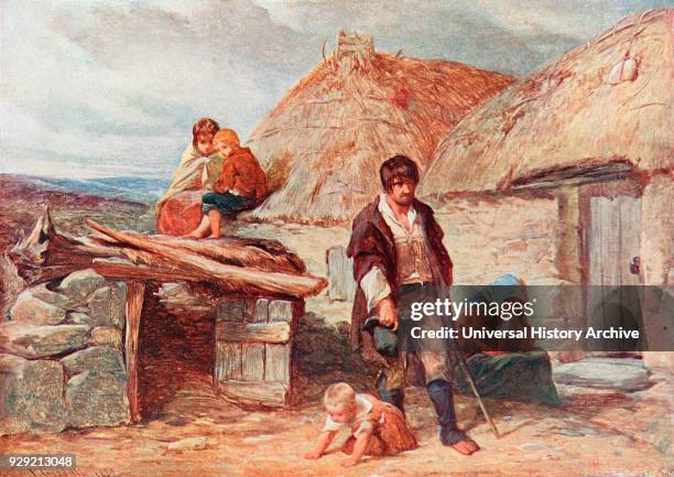 An Irish family evicted from their home during the Great Hunger in Ireland in 1850. After the painting by F. Goodall. From The Century Edition of...