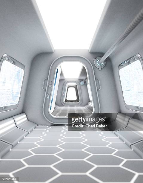 a futuristic hallway leading to a bright doorway - indoors stock illustrations