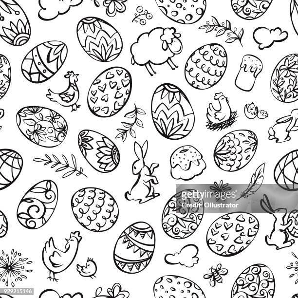 hand drawn easter elements seamless pattern - easter eggs stock illustrations