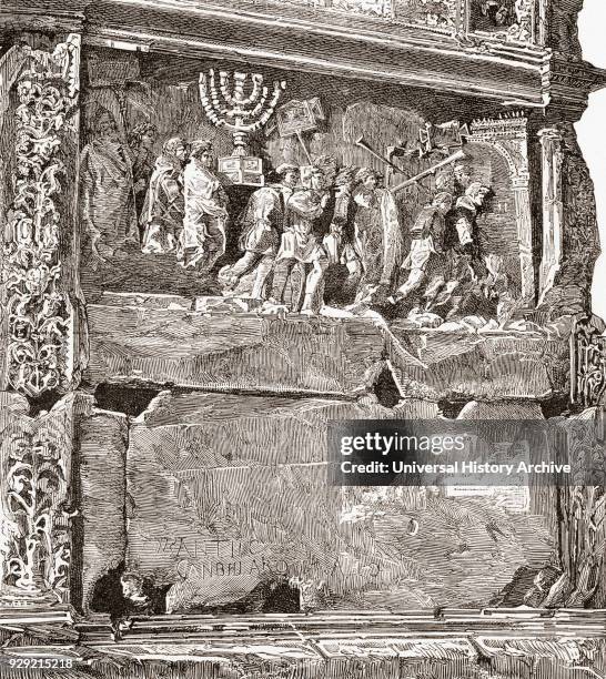 Bas-relief of the South panel "The Spoils of War", showing the triumphal procession, on the Arch of Titus, Via Sacra, Roman Forum, Rome, Italy. From...