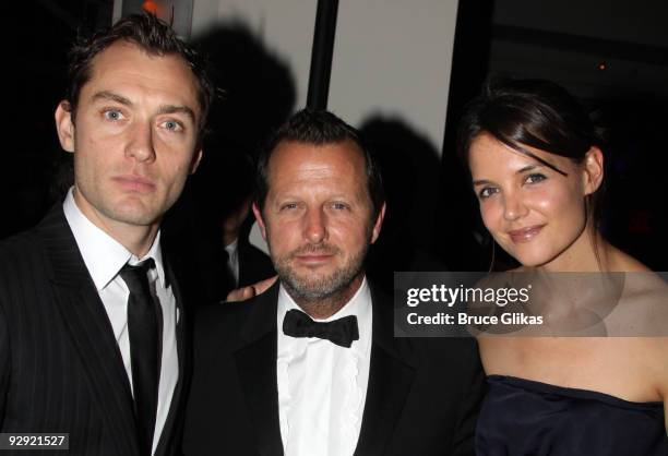 Jude Law, Rob Ashford and Katie Holmes pose at the Stage Directors And Choreographers Society 50 Year Celebration at Tribeca Rooftop on November 8,...