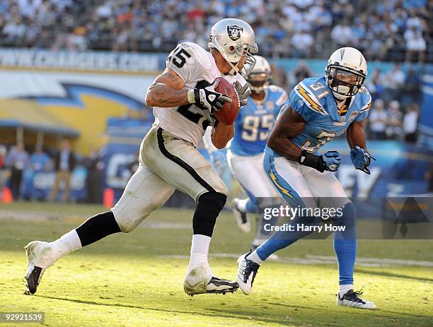 Justin Fargas of the Oakland Raiders runs after a catch in front of Antonio Cromartie of the San Diego Chargers during the fourth quarter at Qualcomm...