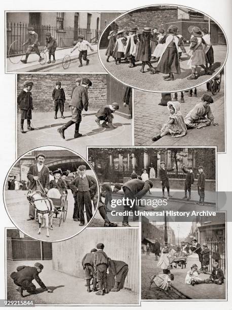 Children's games in the early 20th century, from top left, 1. Wheels and hoop 2. Kiss-in-the-ring 3. Spider's Web 4. Five Stones 5. Goat-shay 6....