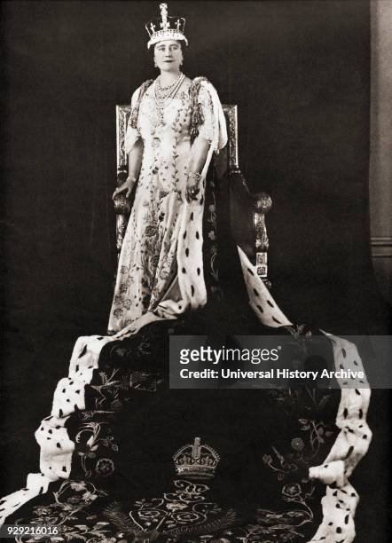 Elizabeth Angela Marguerite Bowes-Lyon, 1900 – 2002. Queen consort of the United Kingdom as the wife of King George VI, seen here the day of her...