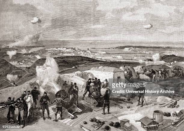 Crimean War, 1853 French troops bombarding the Russian line at the siege of Sebastopol. From The Century Edition of Cassell's History of England,...