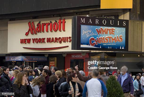 Large Times Square billboard at the Marquis Theatre promoting Irving Berlin's White Christmas is seen in this 2009 New York, NY, early evening...