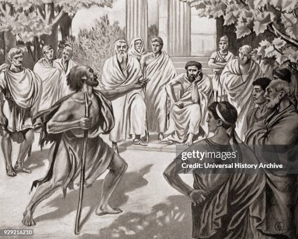 Diogenes challenging Plato in the Academy at Athens. Diogenes of Sinope, aka Diogenes the Cynic, c. 412 /404 BC - 323 BC. Greek philosopher. Plato,...