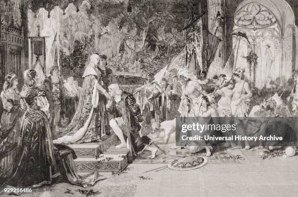 Christopher Columbus in the Barcelona court of King Ferdinand and Queen Isabella of Spain in 1493 after returning from his first voyage to the New...