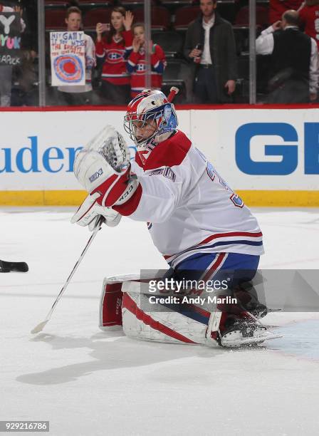 Zach Fucale of the Montreal Canadiens warms up prior to the game against the New Jersey Devils at Prudential Center on March 6, 2018 in Newark, New...