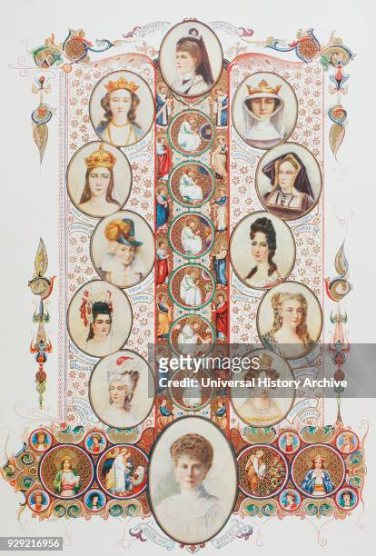 Consorts of British Sovereigns. From top clockwise, Alexandra of Denmark consort of Edward VII, Isabella of France consort of Edward II, Catherine of...