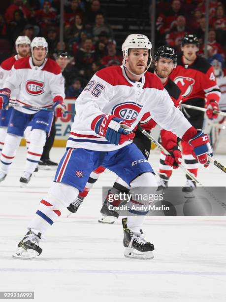 Andrew Shaw of the Montreal Canadiens skates against the New Jersey Devils at Prudential Center on March 6, 2018 in Newark, New Jersey.