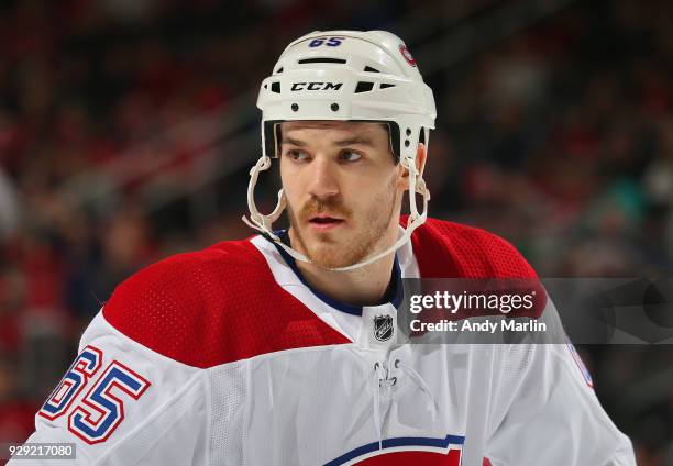 Andrew Shaw of the Montreal Canadiens looks on against the New Jersey Devils during the game at Prudential Center on March 6, 2018 in Newark, New...