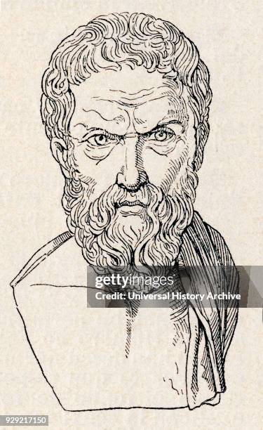 Epicurus, 341–270 BC. Ancient Greek philosopher and founder of the school of philosophy called Epicureanism. From Enciclopedia Ilustrada Segui,...