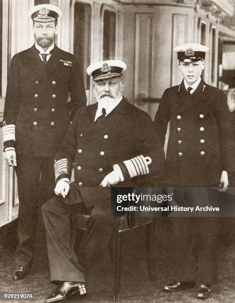 From left, Prince of Wales, later King George V, King Edward VII, seated, and Prince Edward, later Edward VIII. George V, George Frederick Ernest...