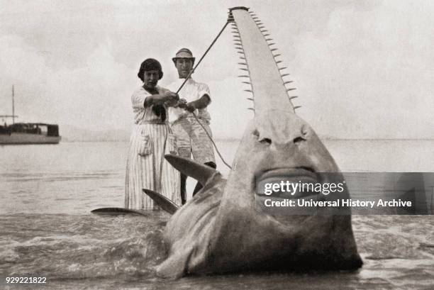 Frederick Albert Mitchell-Hedges, aka Mike Hedges, 1882 English adventurer, traveler, and writer, seen here in the 1920's with his companion, Lilian...