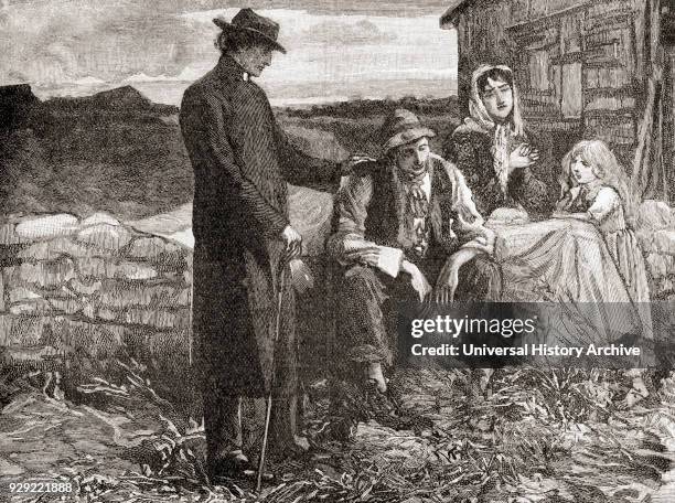 Father Mathew comforts a famine stricken poor family in Ireland in 1845. Theobald Mathew, 1790–1856. Irish Catholic teetotalist reformer, popularly...