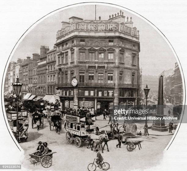 Fleet Street corner, Ludgate Circus, London, England in the late 19th century. From Living London, published c.1901