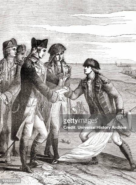 General George Washington accepting the flag of truce after the British surrender by Charles Cornwallis following the Siege of Yorktown, aka Battle...