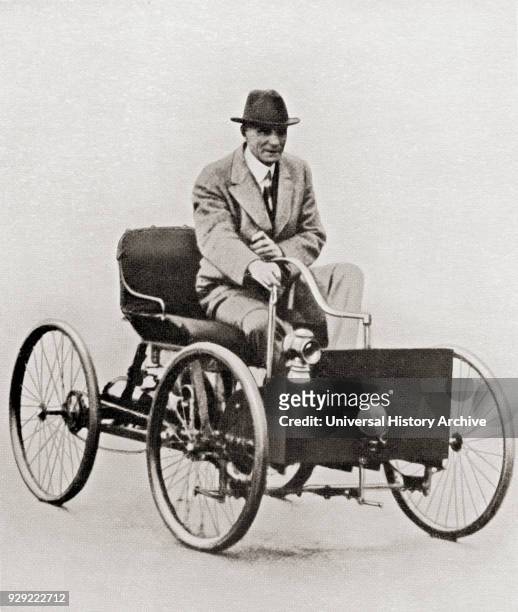 Henry Ford, 1863 – 1947. American industrialist, founder of the Ford Motor Company, seen here in the first Ford car, the Ford Quadricycle, built in...