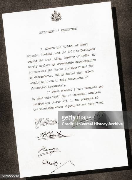 Instrument of Abdication signed in 1936 by King Edward VIII and his three brothers, Prince Albert future George VI, Prince Henry, Duke of Gloucester...