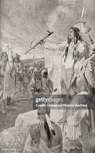Hiawatha aka Ayenwatha, Aiionwatha, or Haiëñ'wa'tha. Pre-historical Native American leader and co-founder of the Iroquois confederacy. From The...