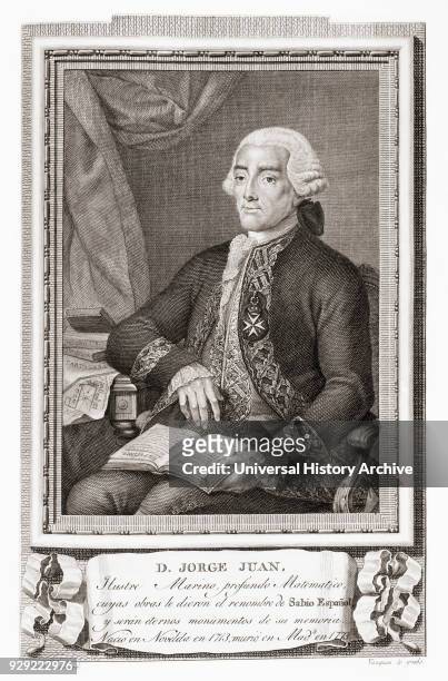 Jorge Juan y Santacilia, 1713 – 1773. Spanish mathematician, scientist, naval officer, and mariner. After an etching in Retratos de Los Españoles...