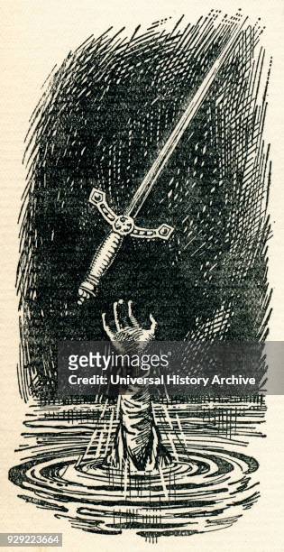 King Arthur's sword Excalibur and the hand emerging from the lake. Illustration from the book The Gateway to Tennyson published 1910.
